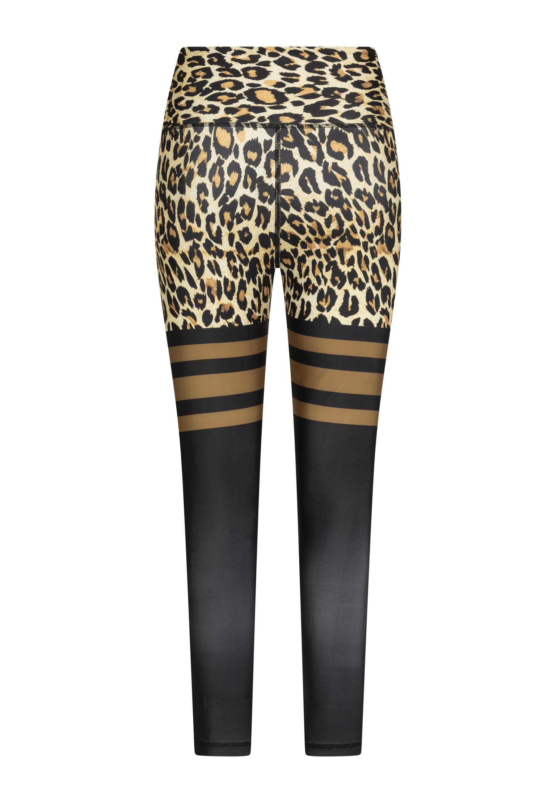 Lisminas 893 Leggings mit extra hoher Taille in Leopardenmuster mit schwarzer unterer Hälfte und Streifen in Knienähe, Rückansicht.